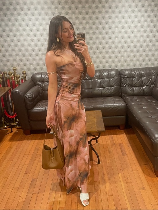 Windsor Dresses & Skirts - Windsor Strapless Ruched Side-Tie Maxi Dress in Dusty Rose & Olive Wash